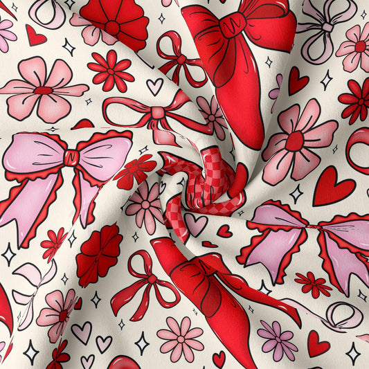The image is a collage of various images featuring red bows, flowers, hearts, and stars in shades of pink and red.