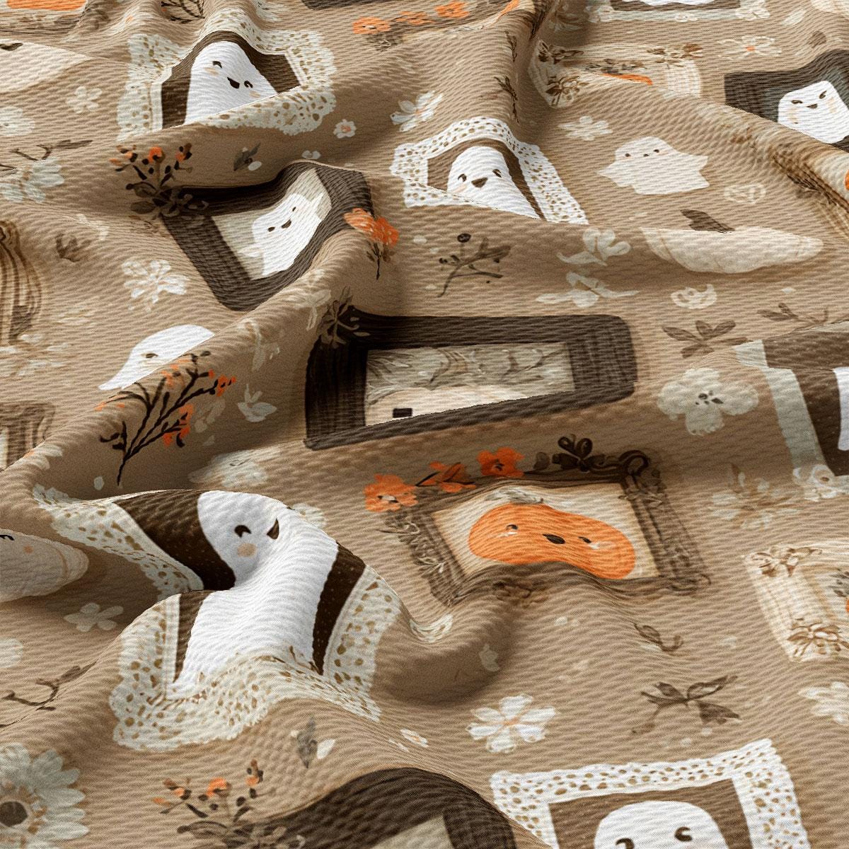 The image is a close-up of a fabric with a repeating pattern of ghost and floral designs in various shades of brown, orange, and white.