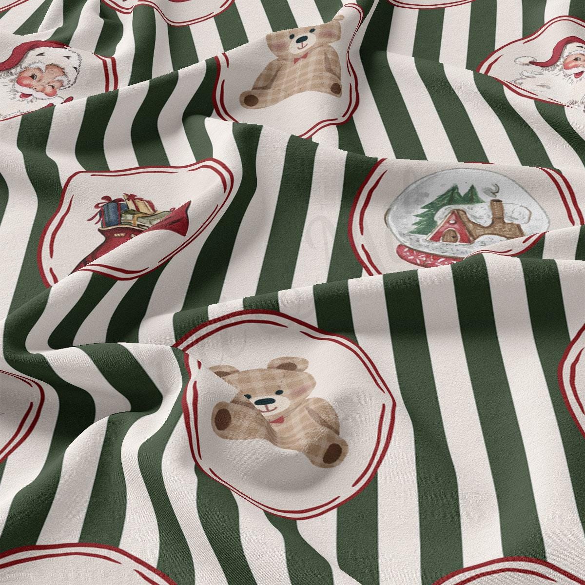 The image is a close-up of a fabric with a striped pattern, featuring various Christmas-themed illustrations such as a Santa Claus figure, a teddy bear, and a snow globe.