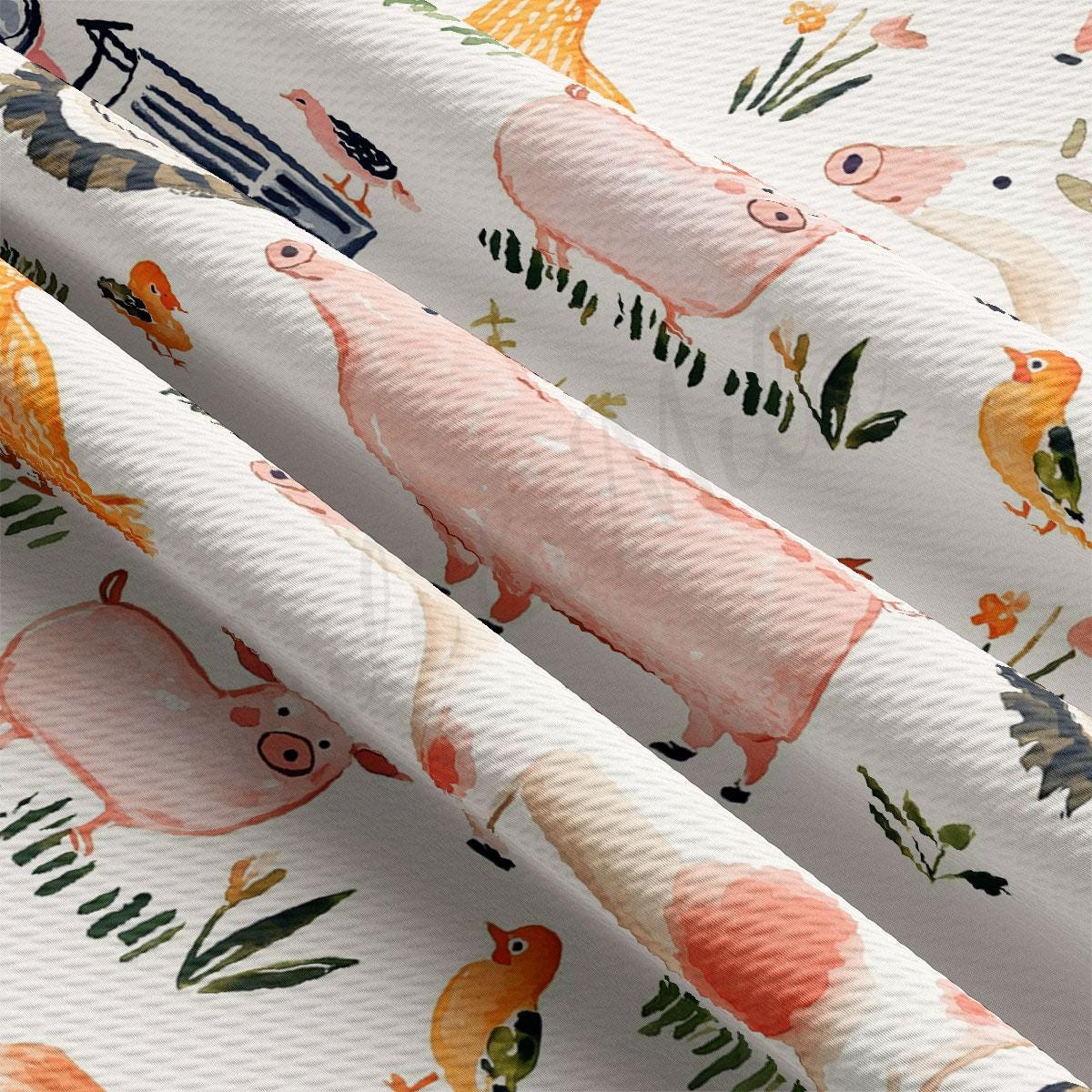 a close-up view of a fabric with a repeating pattern of pink and orange pigs, along with various birds and plants.