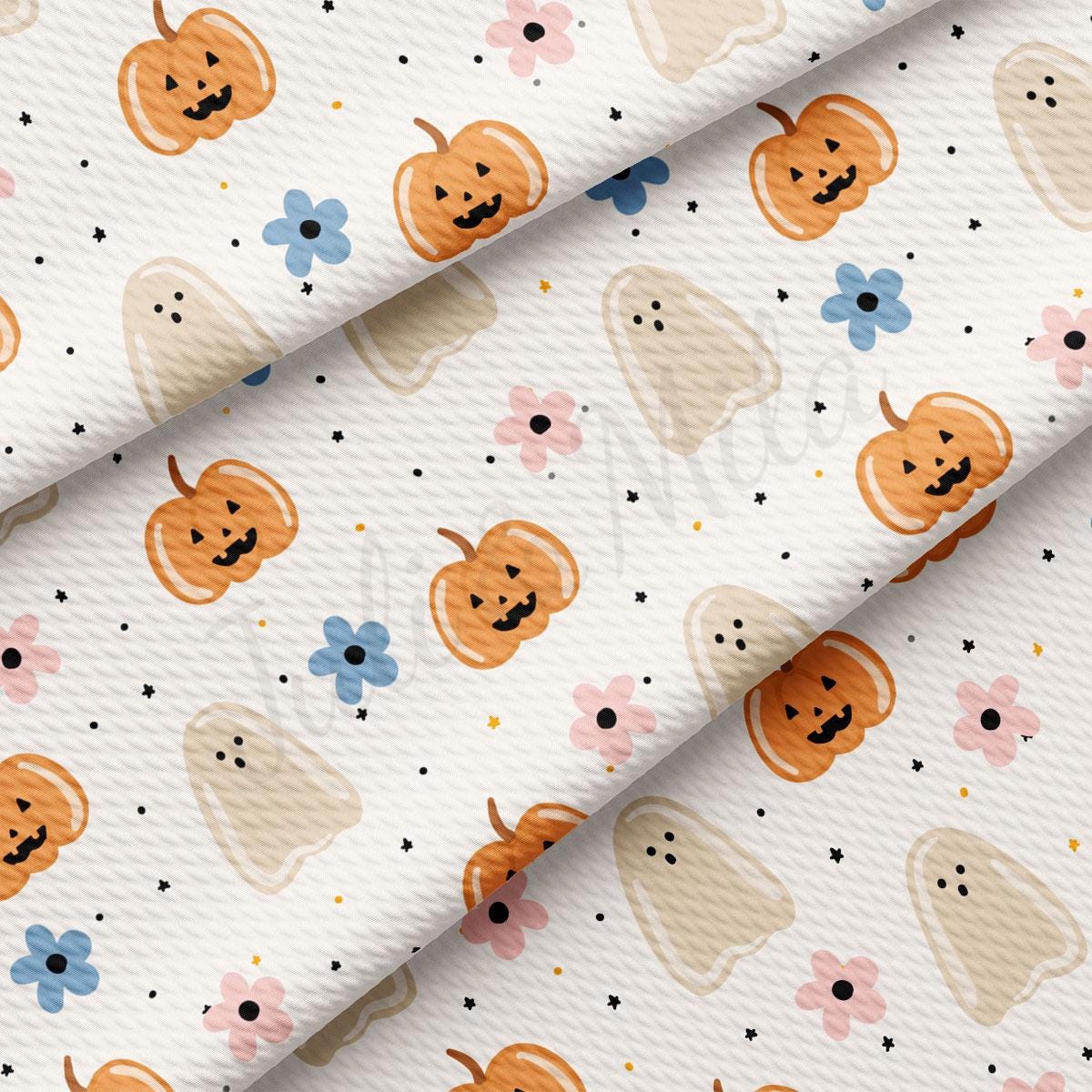 a repeating pattern of Halloween-themed pumpkins and ghost-like figures on a white background.