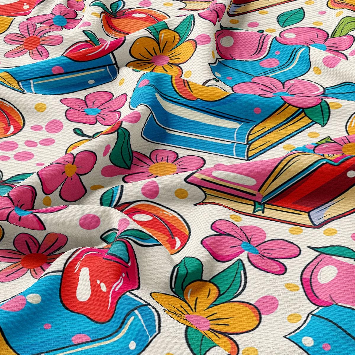 a colorful pattern of books and flowers on a white background