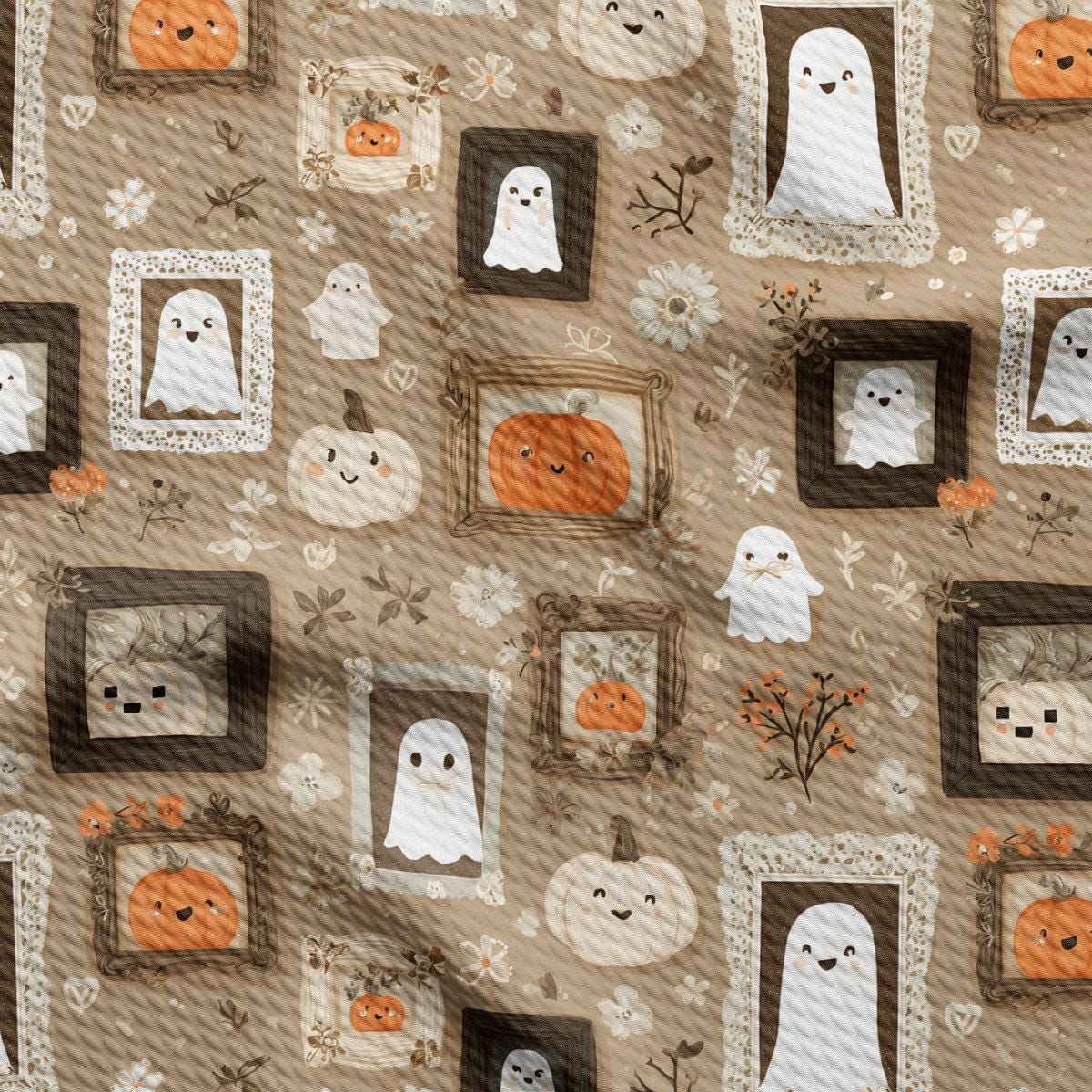 The image is a repeating pattern of Halloween-themed ghost and pumpkin illustrations, including framed images of the characters and pumpkins.