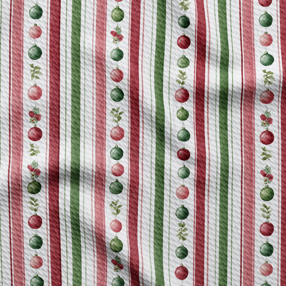 a repeating pattern of Christmas ornaments in red, green, and white colors, arranged in vertical stripes.