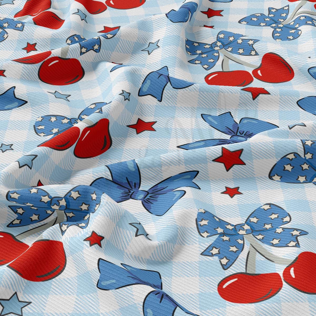 a blue and white checkered fabric with red, white, and blue bows