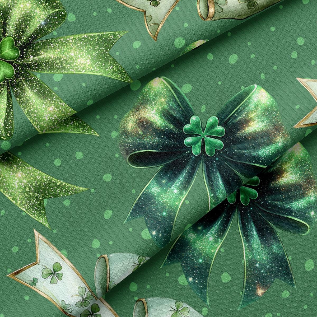 a green background with green bows and shamrocks