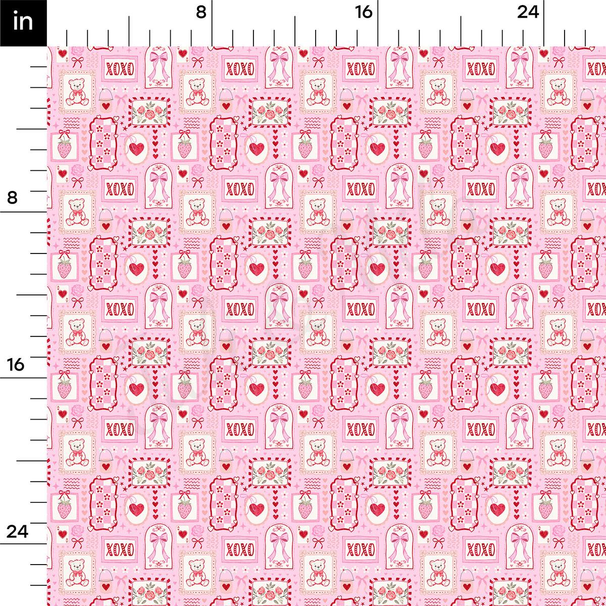 a repeating pattern of pink and white images featuring various icons and symbols, such as teddy bears, hearts, and flowers, along with the word "XOXO" prominently displayed. The pattern is arranged in a grid-like fashion, creating a visually cohesive and harmonious design.