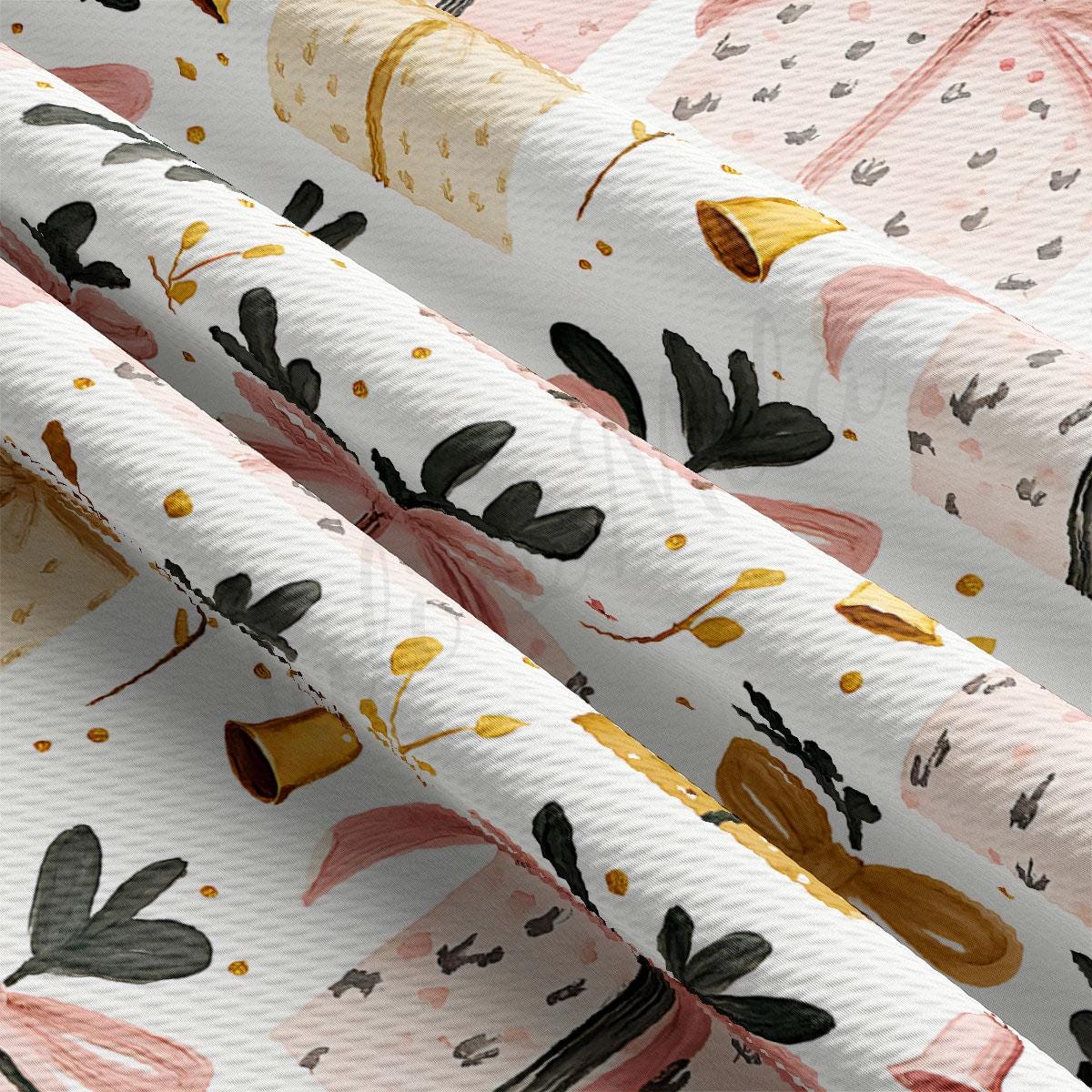 The image is a close-up view of a fabric with a repeating pattern of pink, white, and black flowers and leaves. The fabric appears to be made of a soft, textured material, and the pattern is quite intricate and detailed.