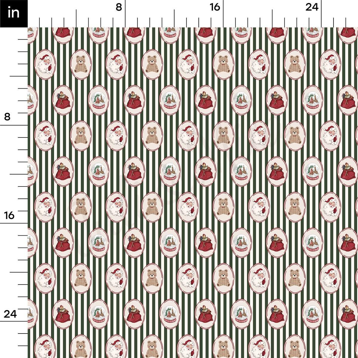 The image is a repeating pattern of Christmas-themed illustrations, including Santa Claus, teddy bears, and snow globes, arranged in a grid-like fashion.
