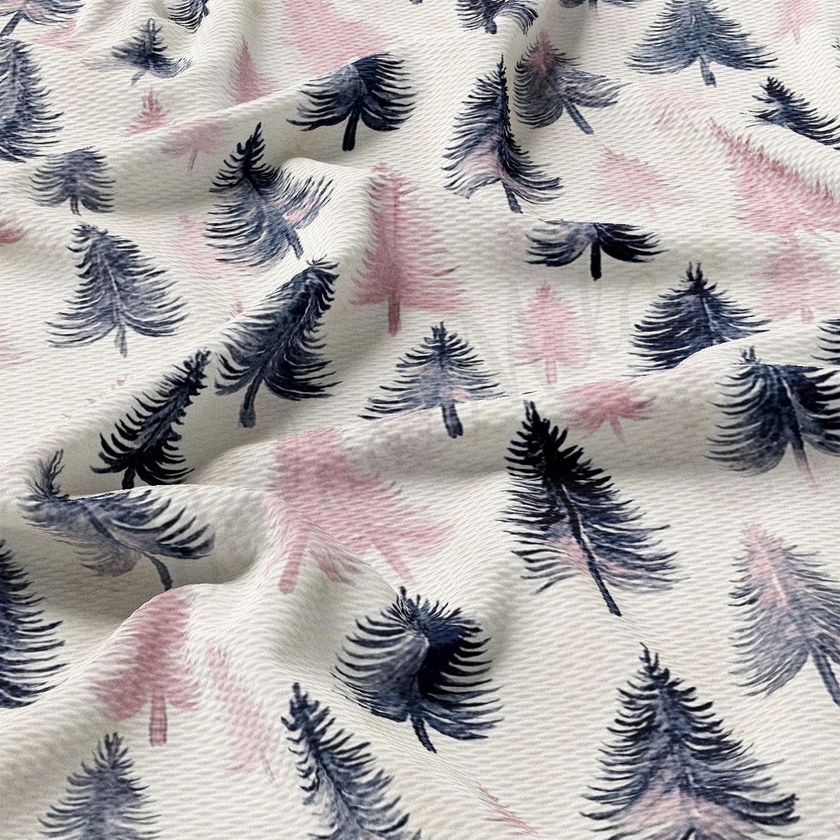 a close-up view of a fabric with a repeating pattern of stylized pine trees in shades of pink and blue.