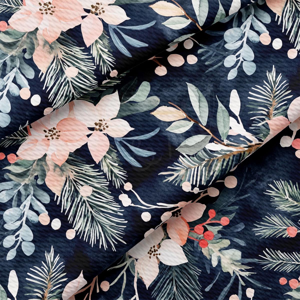 a close-up view of a fabric with a floral pattern. The pattern consists of various flowers, leaves, and berries in shades of pink, green, and blue. The fabric appears to be made of a dark-colored material, possibly cotton or linen, and has a textured appearance. The image does not contain any discernible text or countable objects, and the focus is on the intricate floral design.