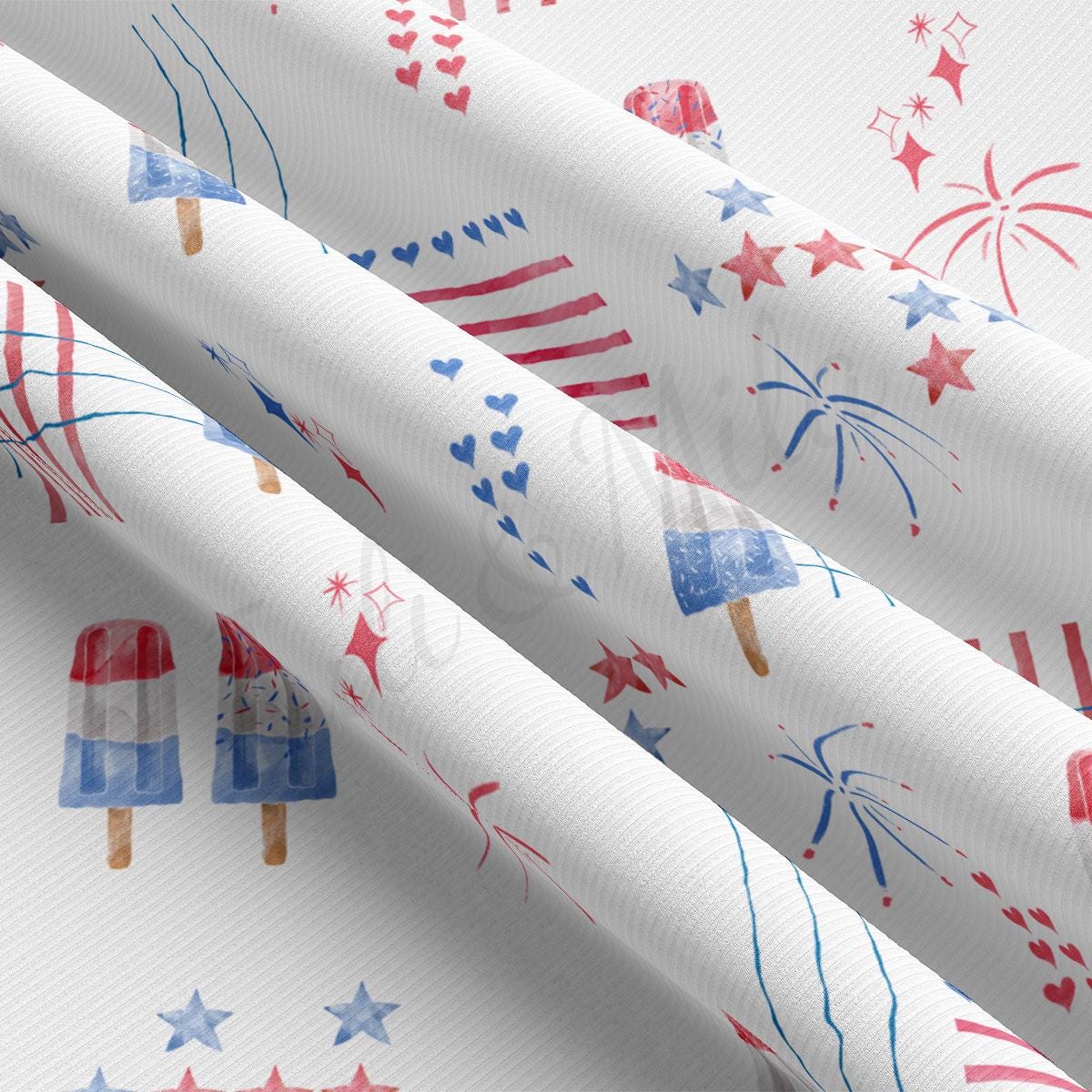 a white background with red, white, and blue fireworks