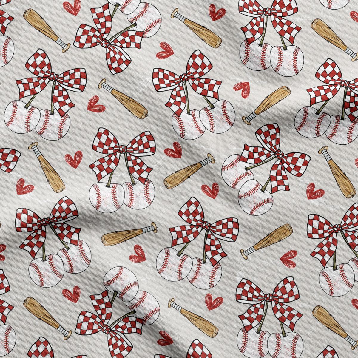 a repeating pattern of baseballs, bats, and hearts on a checkered background.