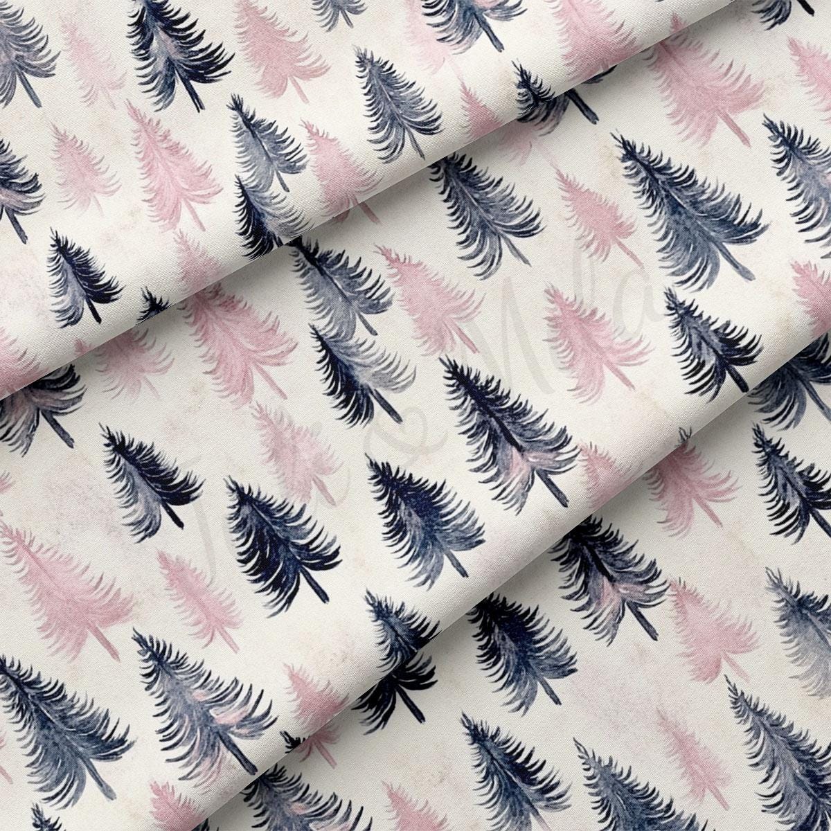 a repeating pattern of stylized pine trees in shades of pink and black on a white background.