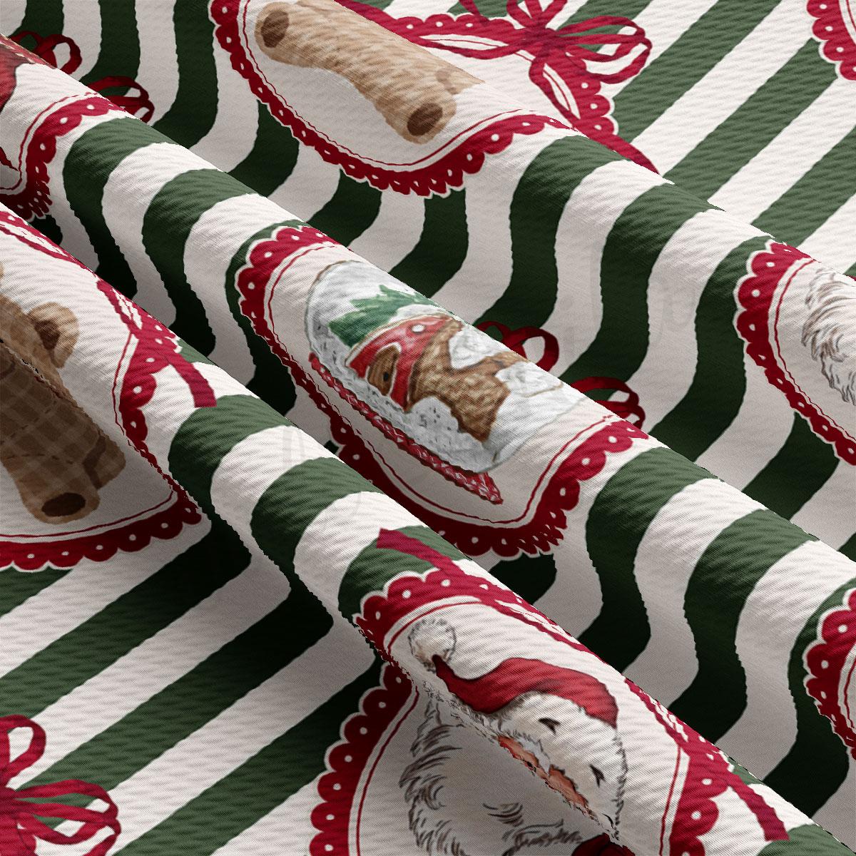 The image is a close-up of a fabric with a repeating pattern of green and white stripes, red and white accents, and various Christmas-themed illustrations such as a snowman, a Santa hat, and a teddy bear.