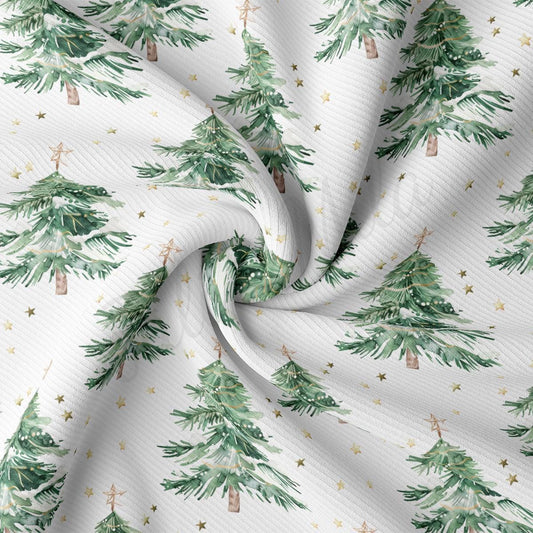 a repeating pattern of green Christmas trees with gold stars on a white background.