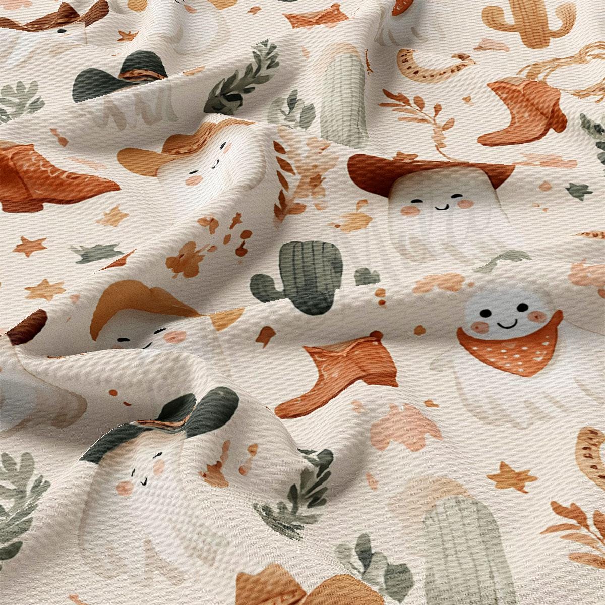 The image is a close-up of a fabric with a playful, cartoon-like pattern featuring various animals and objects such as cacti, stars, and a smiling face.