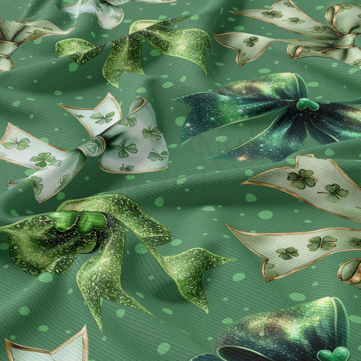 a green background with green and white bows and shamrocks
