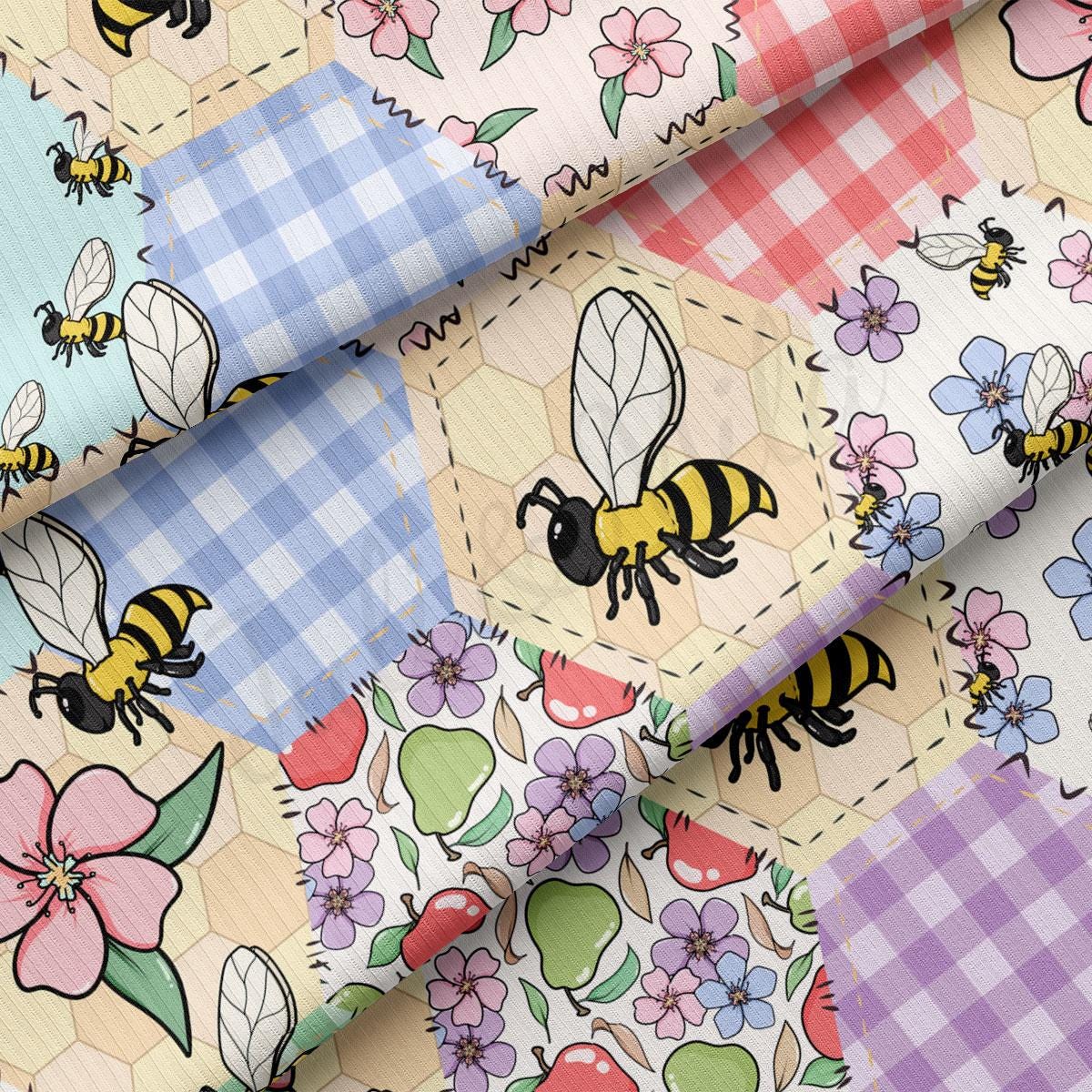 a close up of a pattern of bees and flowers