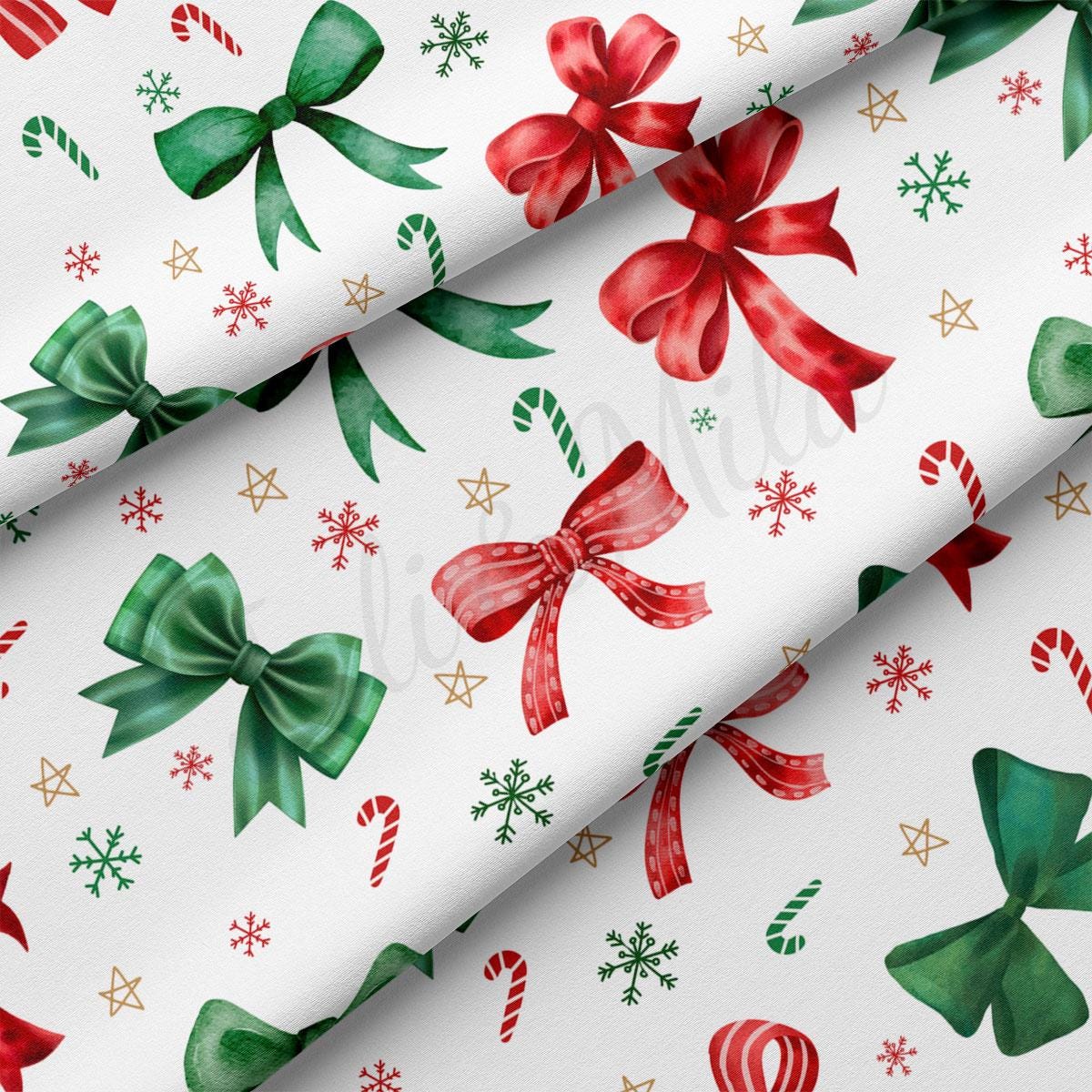 a festive pattern with various Christmas-themed elements, including green and red bows, candy canes, snowflakes, and stars. The pattern is spread across a white background, creating a visually appealing and holiday-inspired design.