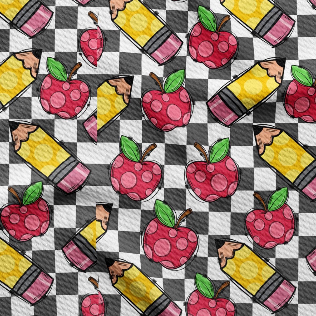 a checkerboard pattern with apples and juices on it