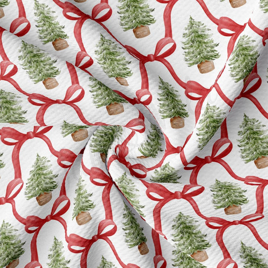 a repeating pattern of Christmas trees with red bows, creating a festive and holiday-themed design.