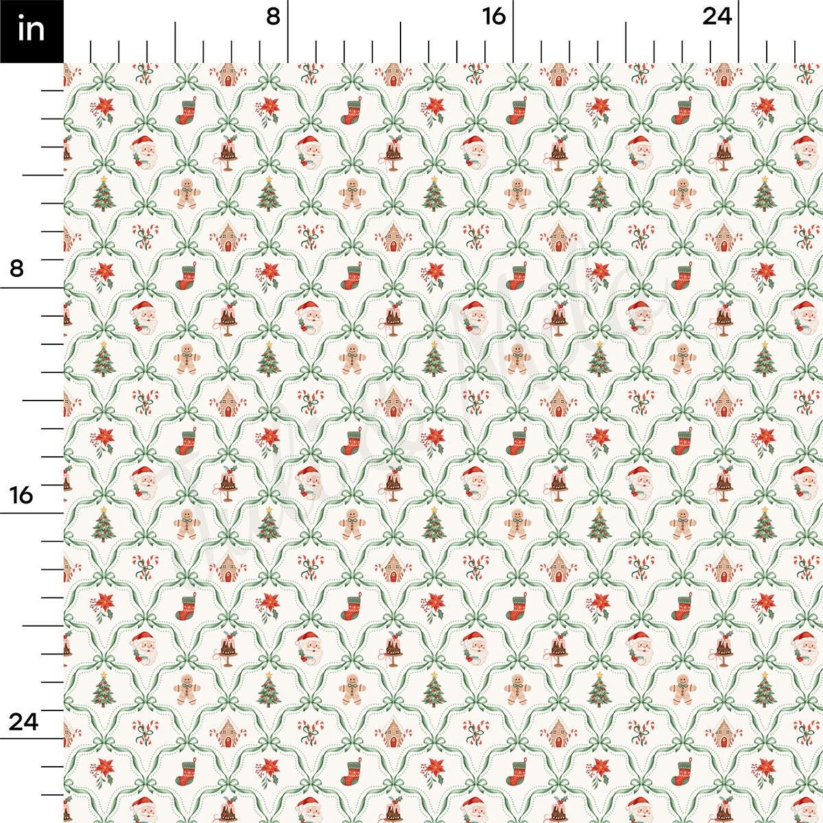 The image is a repeating pattern of various Christmas-themed icons and symbols, including Santa Claus, Christmas trees, stockings, and candy canes, all set against a white background.