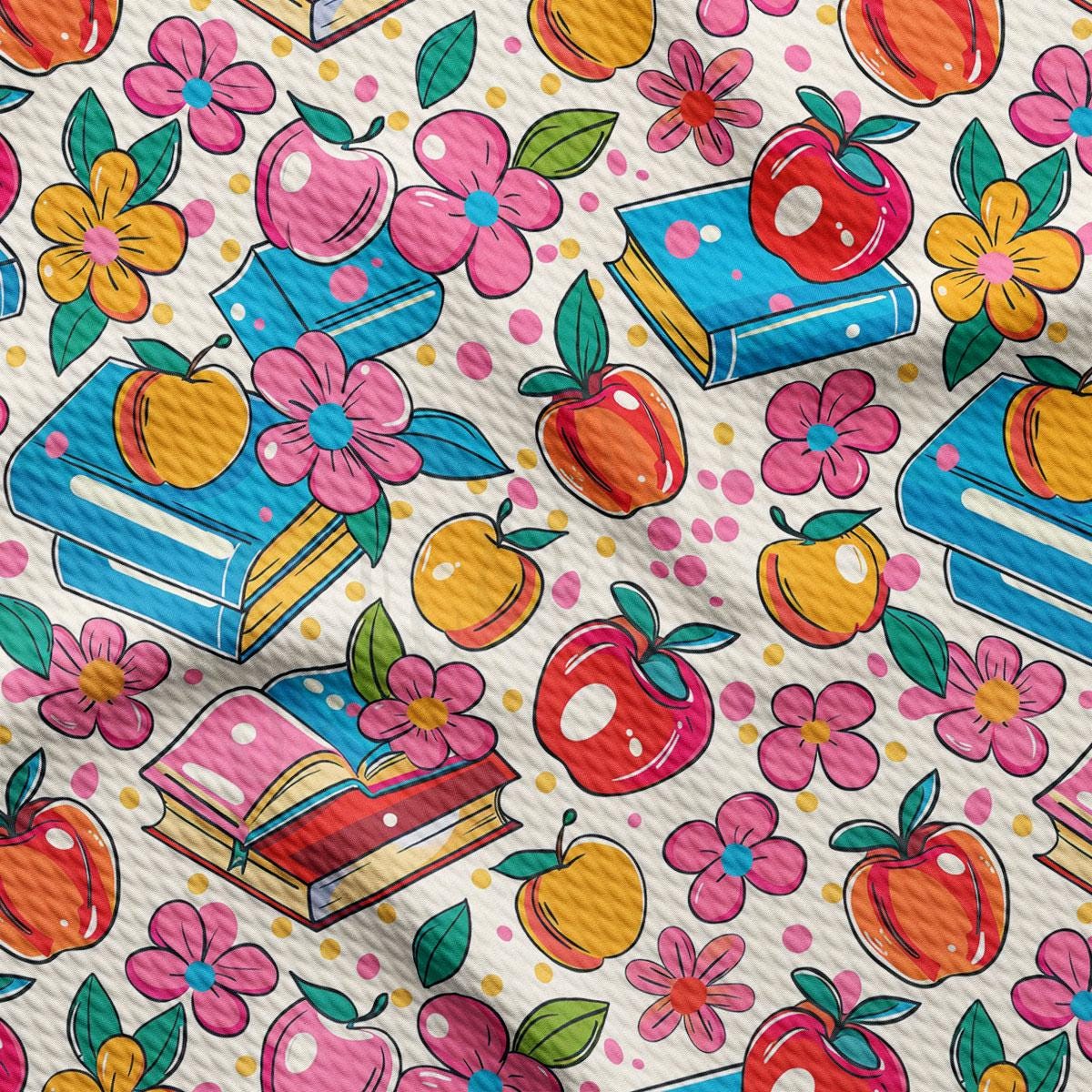 a pattern of books, apples, and flowers on a white background