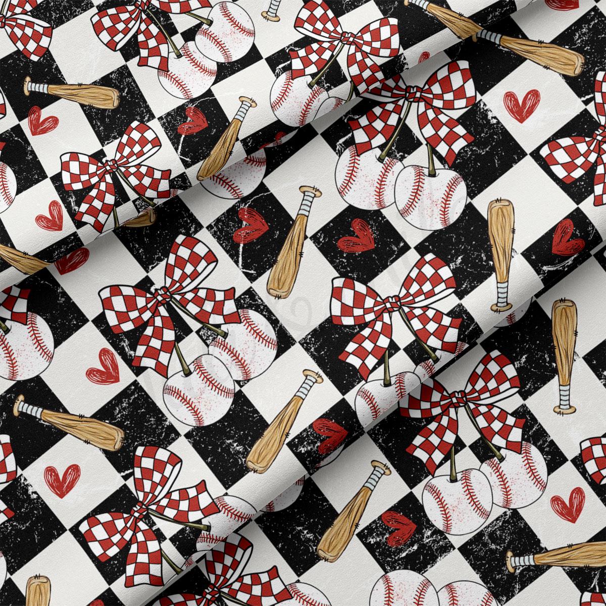 a repeating pattern of baseballs, bats, and hearts on a black and white checkered background.
