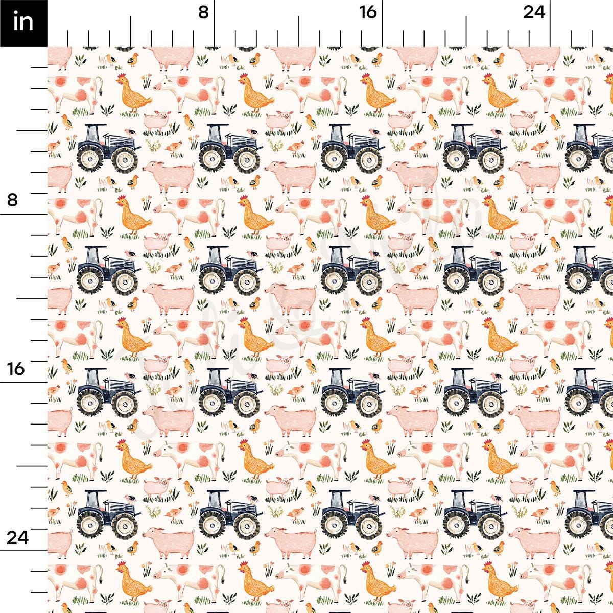 a repeating pattern of farm animals and farm equipment, such as tractors and chickens, on a white background.