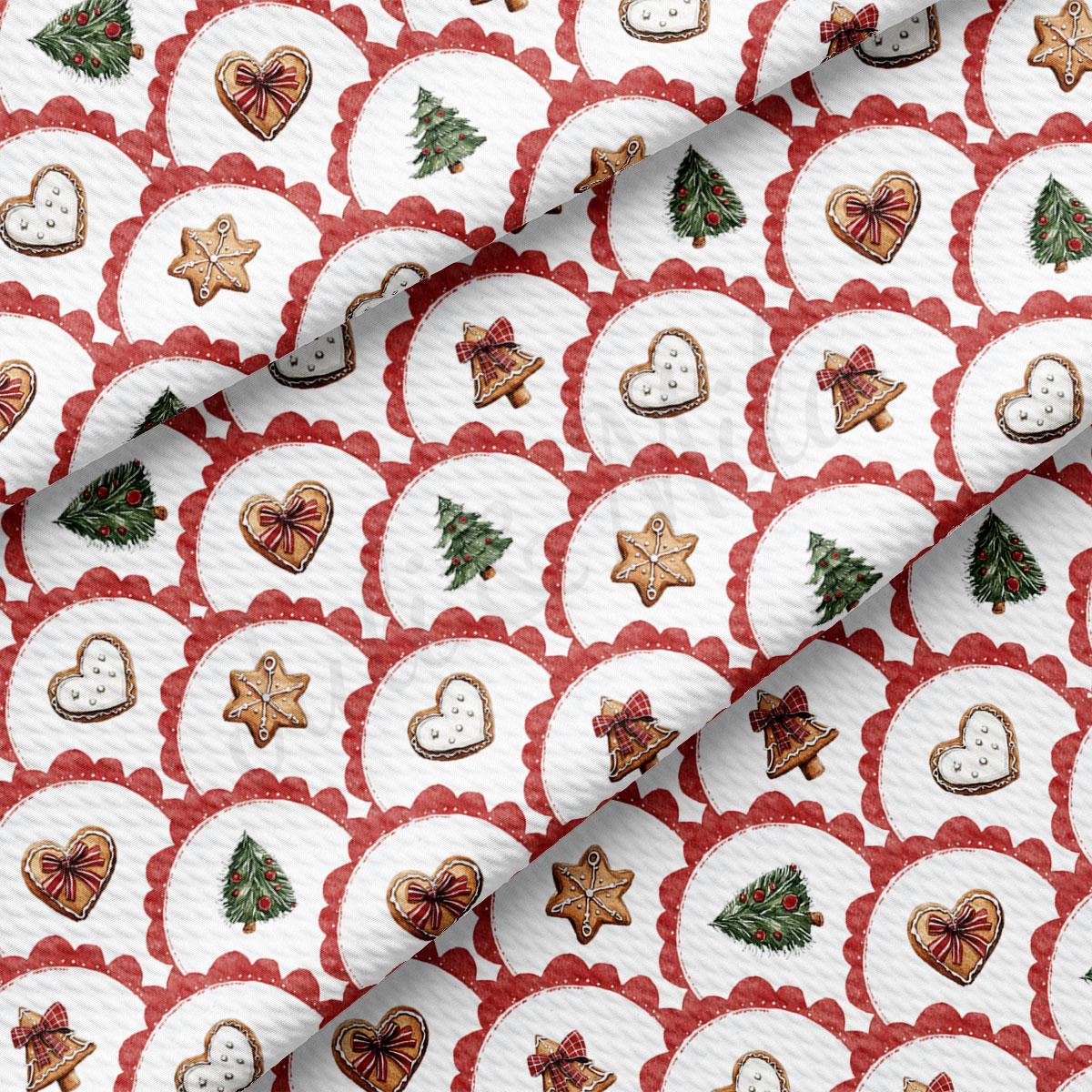 a repeating pattern of Christmas-themed cookies and decorations, including gingerbread men, stars, and Christmas trees, all set against a white background with red scalloped edges.