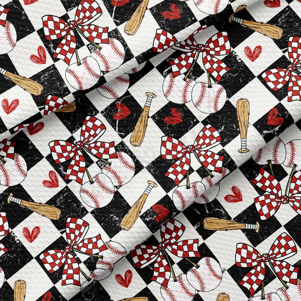 a repeating pattern of baseball-related objects, including baseballs, bats, and a checkered flag design, all set against a black and white checkered background.