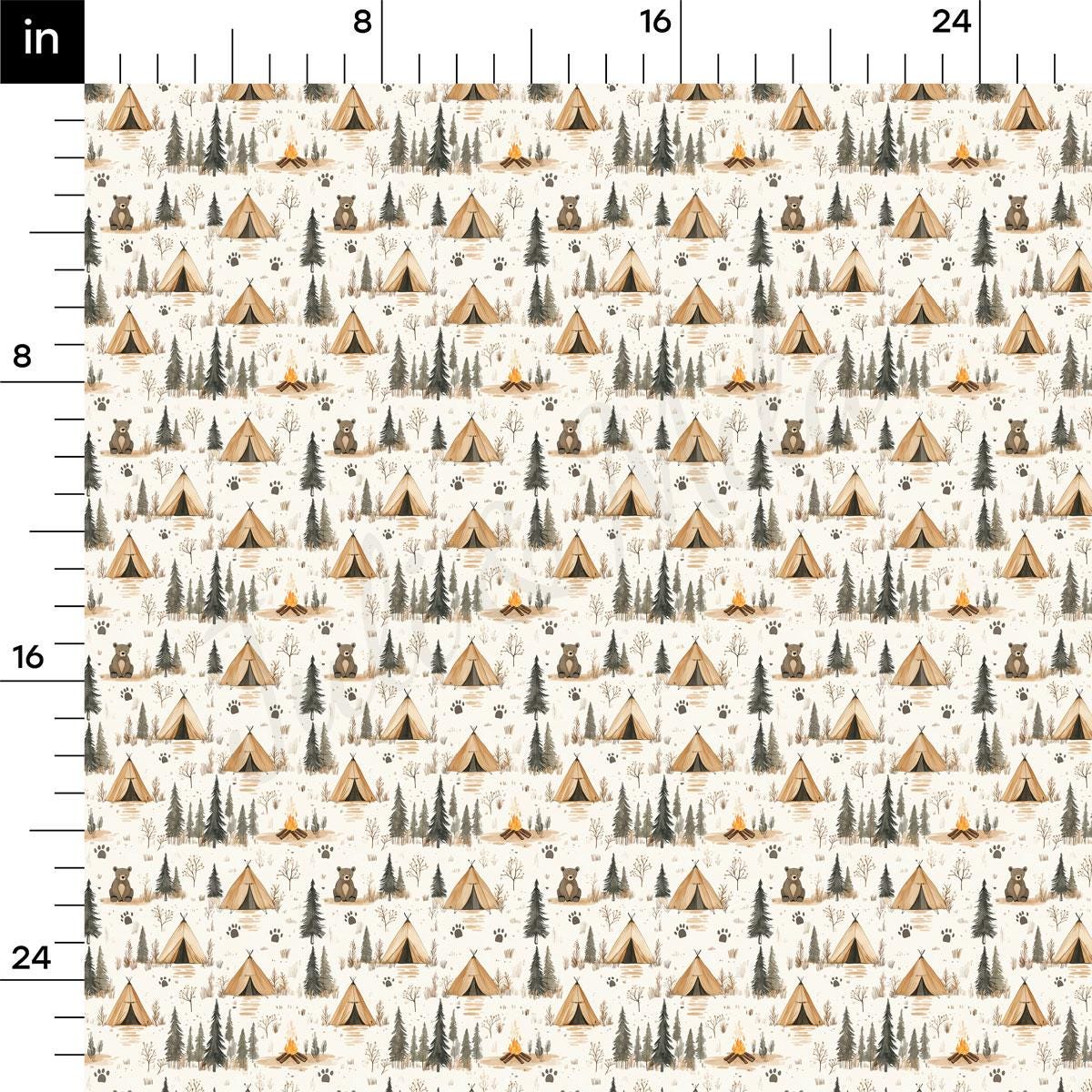 The image is a repeating pattern of various camping-related elements, including tents, campfires, and forest scenery. The pattern is composed of a grid-like arrangement of these elements, creating a visually cohesive and organized design.