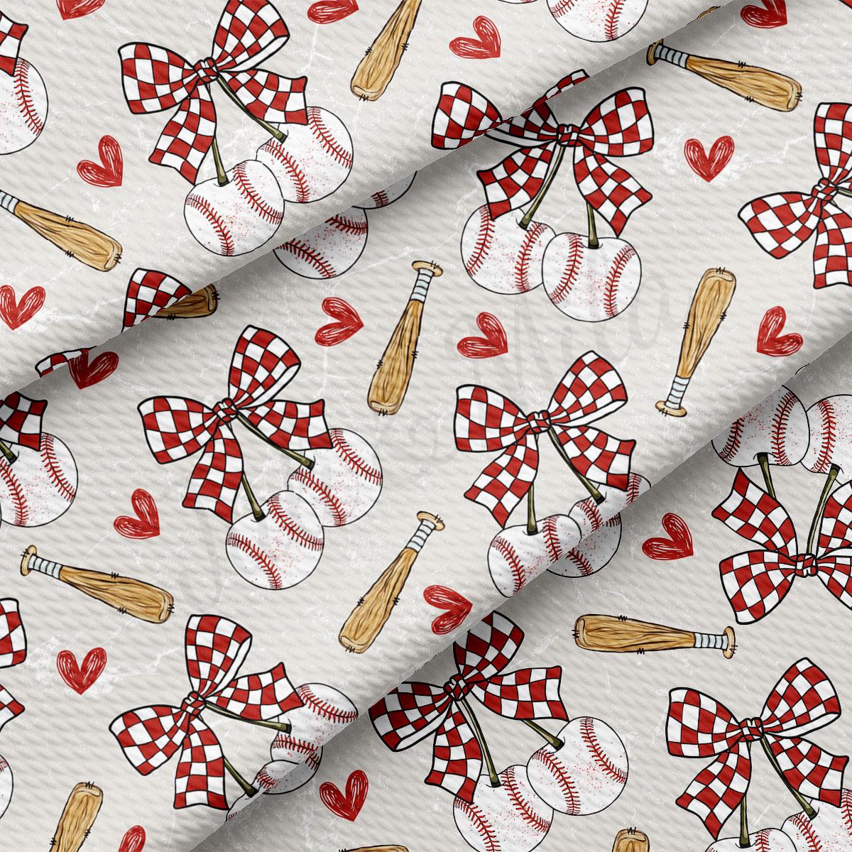 a repeating pattern of baseball-related objects, including baseballs, bats, and ribbons, all set against a light gray background.