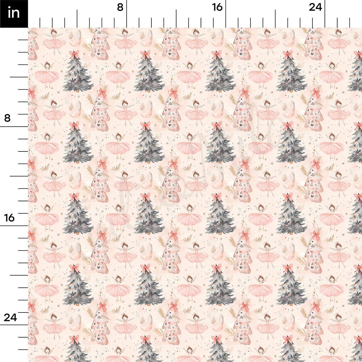 a repeating pattern of Christmas trees, ballet dancers, and other festive elements in shades of pink and gray.
