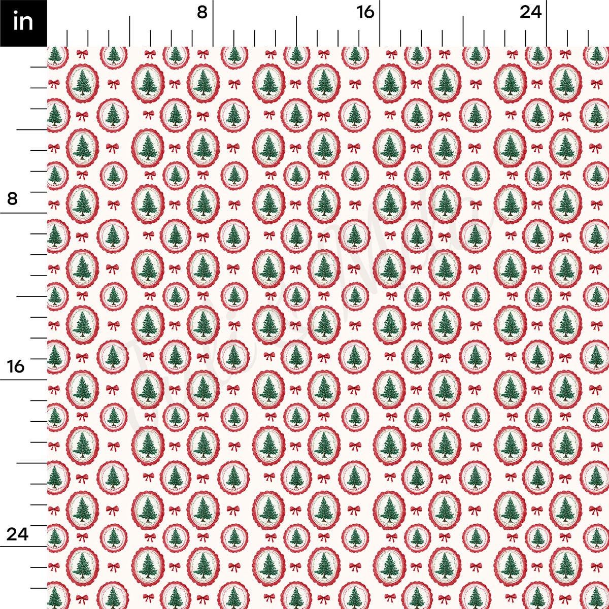 The image is a repeating pattern of Christmas trees and red bows on a white background.