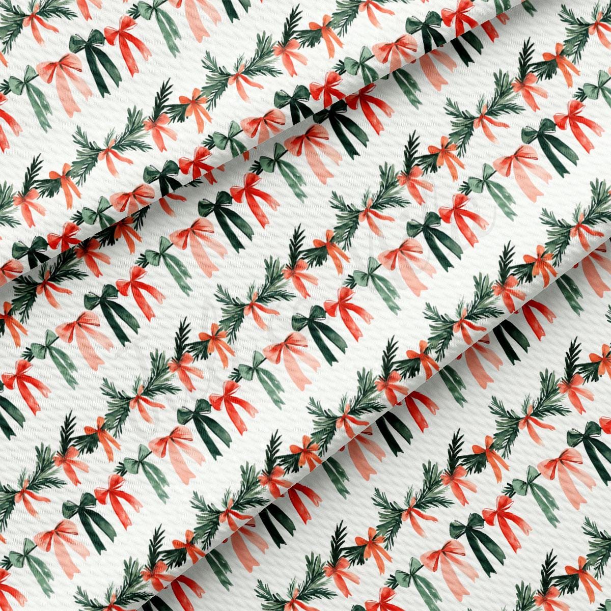 a repeating pattern of green and red bows on a white background.
