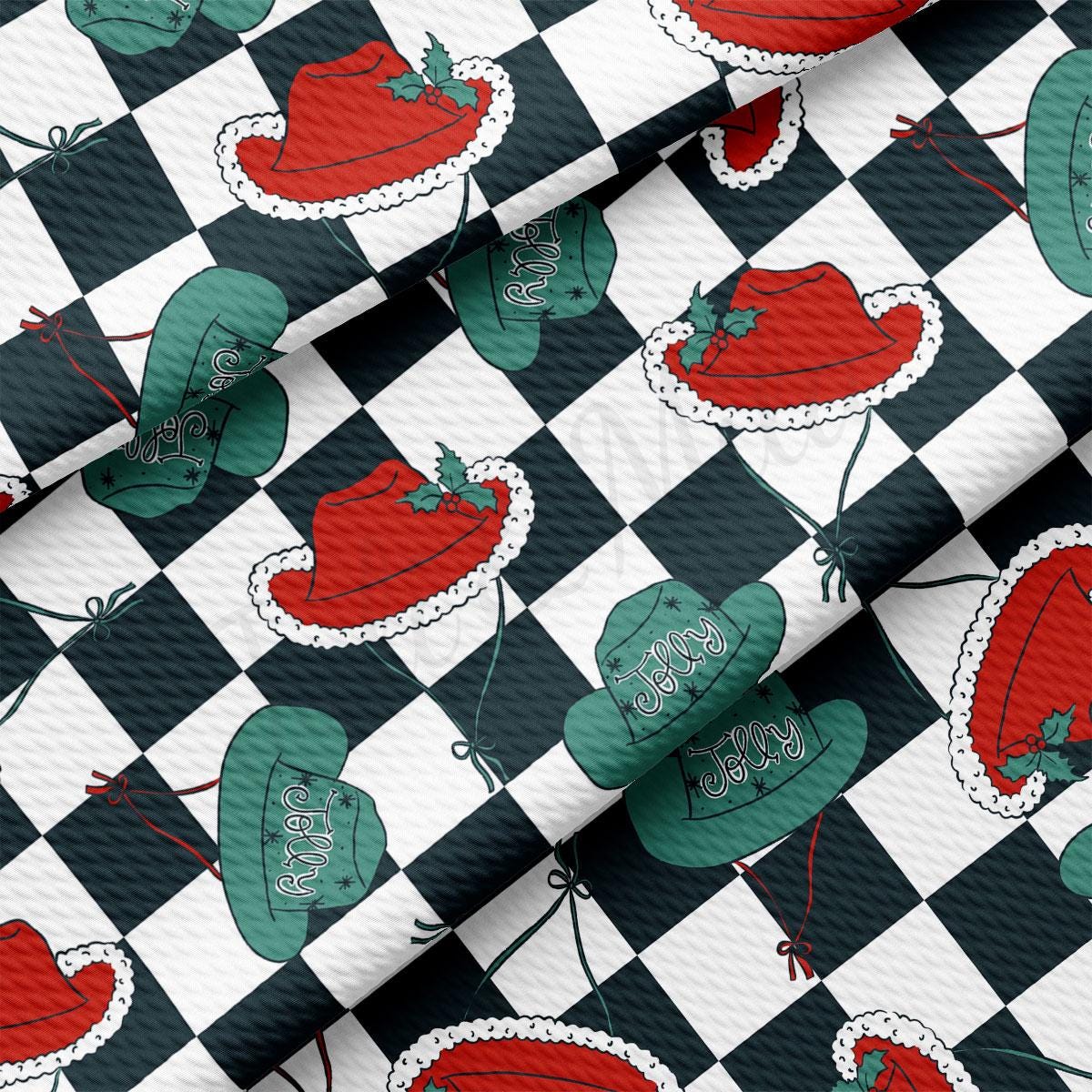 a black and white checkered pattern with red and green hats