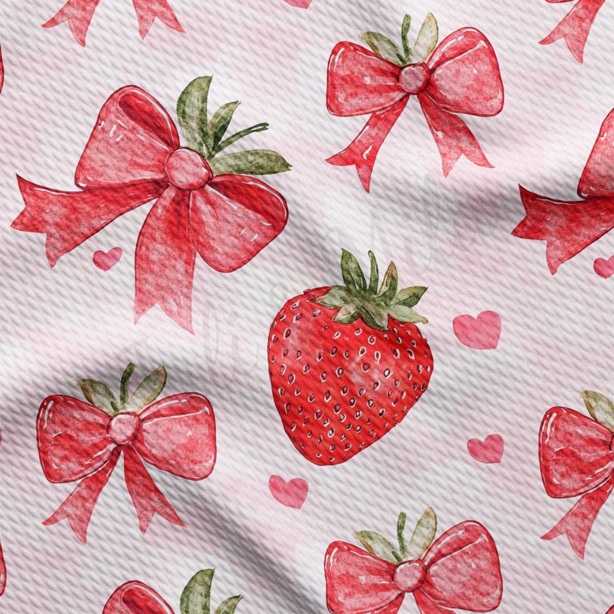 a repeating pattern of red bows and strawberries on a white background.