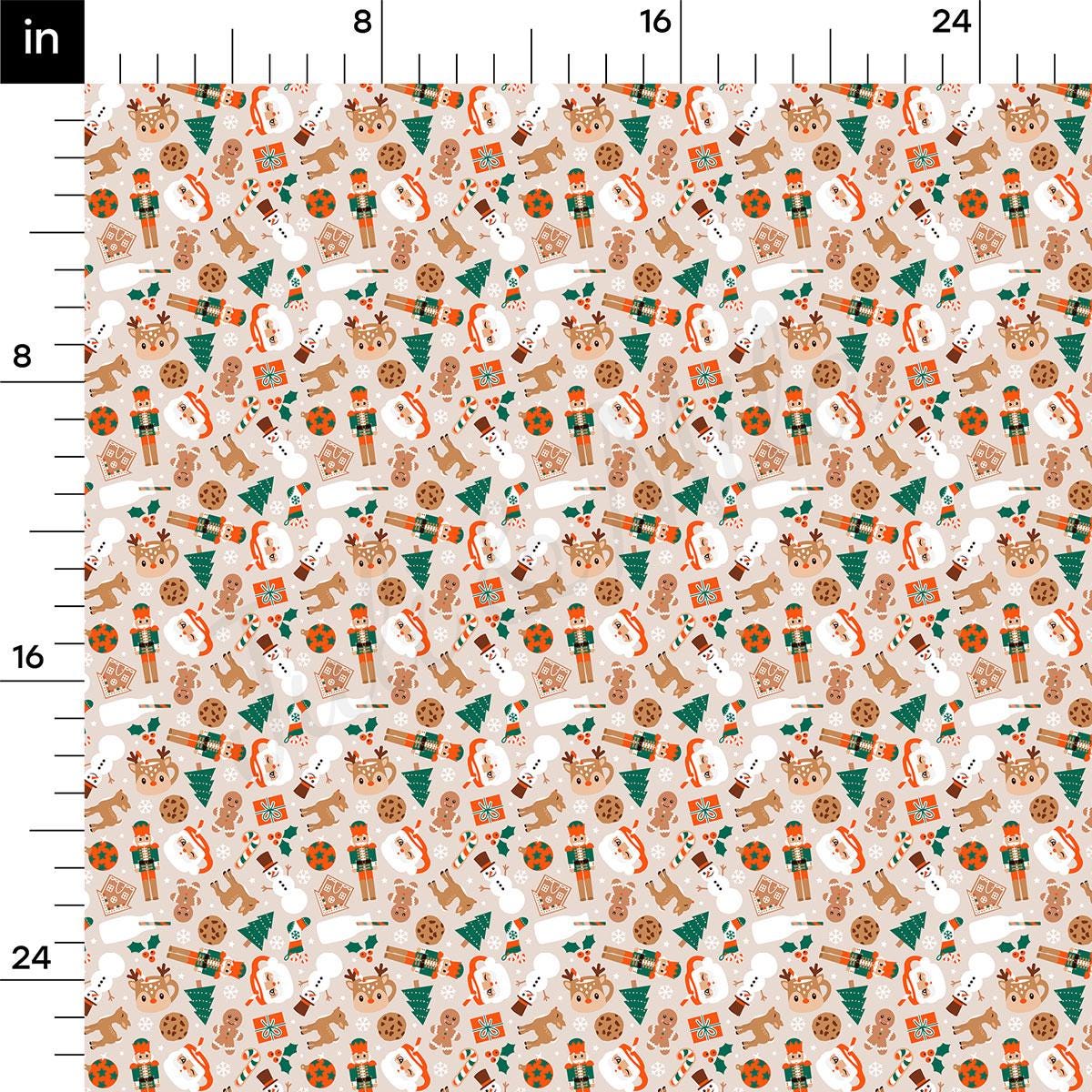 a repeating pattern of various Christmas-themed objects, including reindeer, snowmen, nutcrackers, and other festive decorations. The pattern is composed of different shapes, sizes, and colors, creating a visually appealing and festive design.