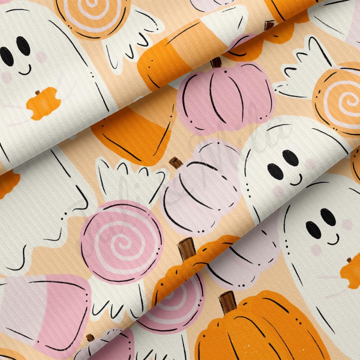 a playful and whimsical pattern of ghostly and pumpkin-themed illustrations, including ghostly figures, pumpkins, and candy canes, all set against a light orange background.