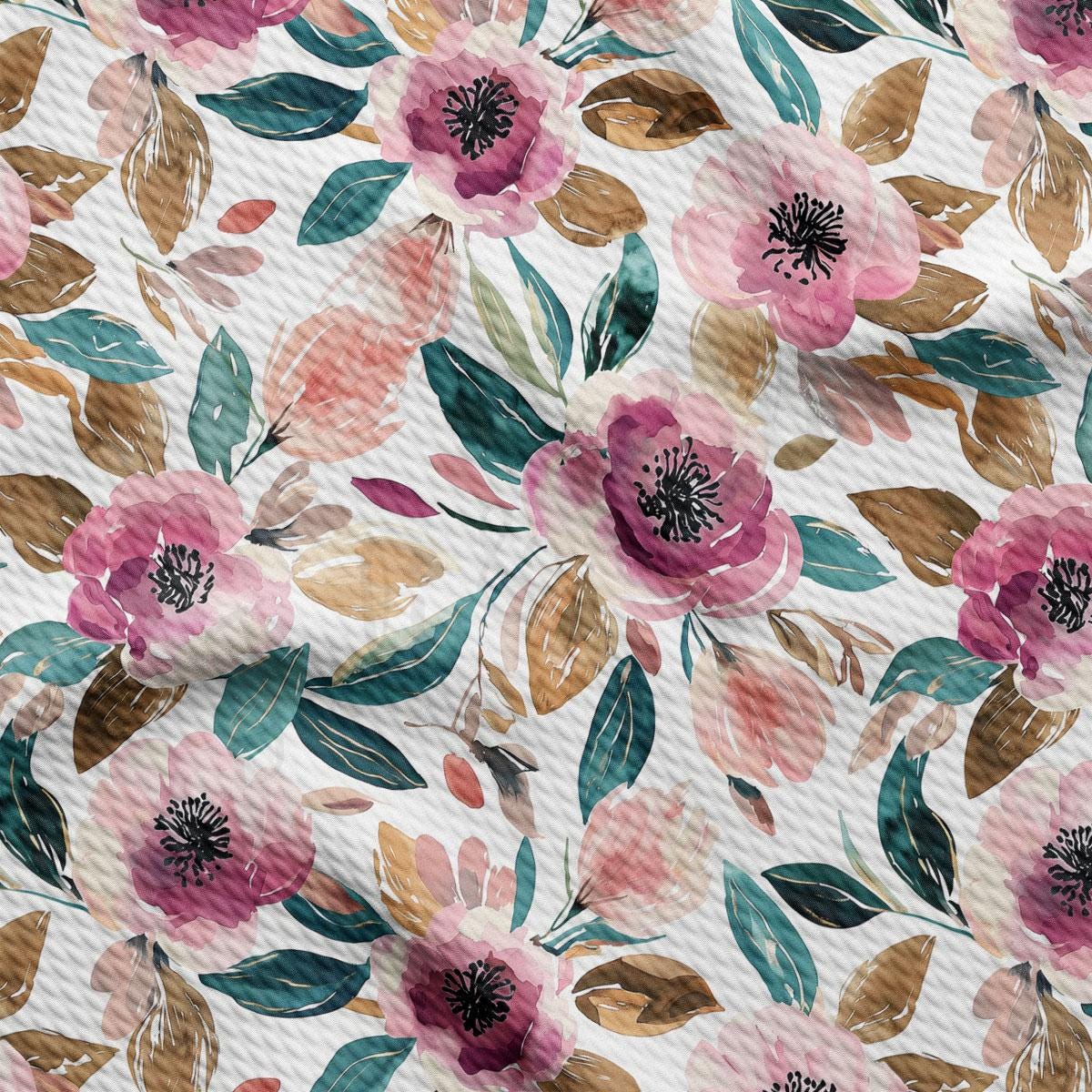 a repeating pattern of pink flowers with green leaves against a white background.
