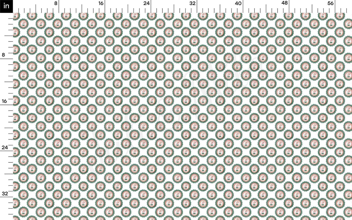 The image is a repeating pattern of circular shapes in shades of green and pink, arranged in a grid-like fashion. The pattern is composed of 24 circles, and the image is described as a fabric print or a textile print.