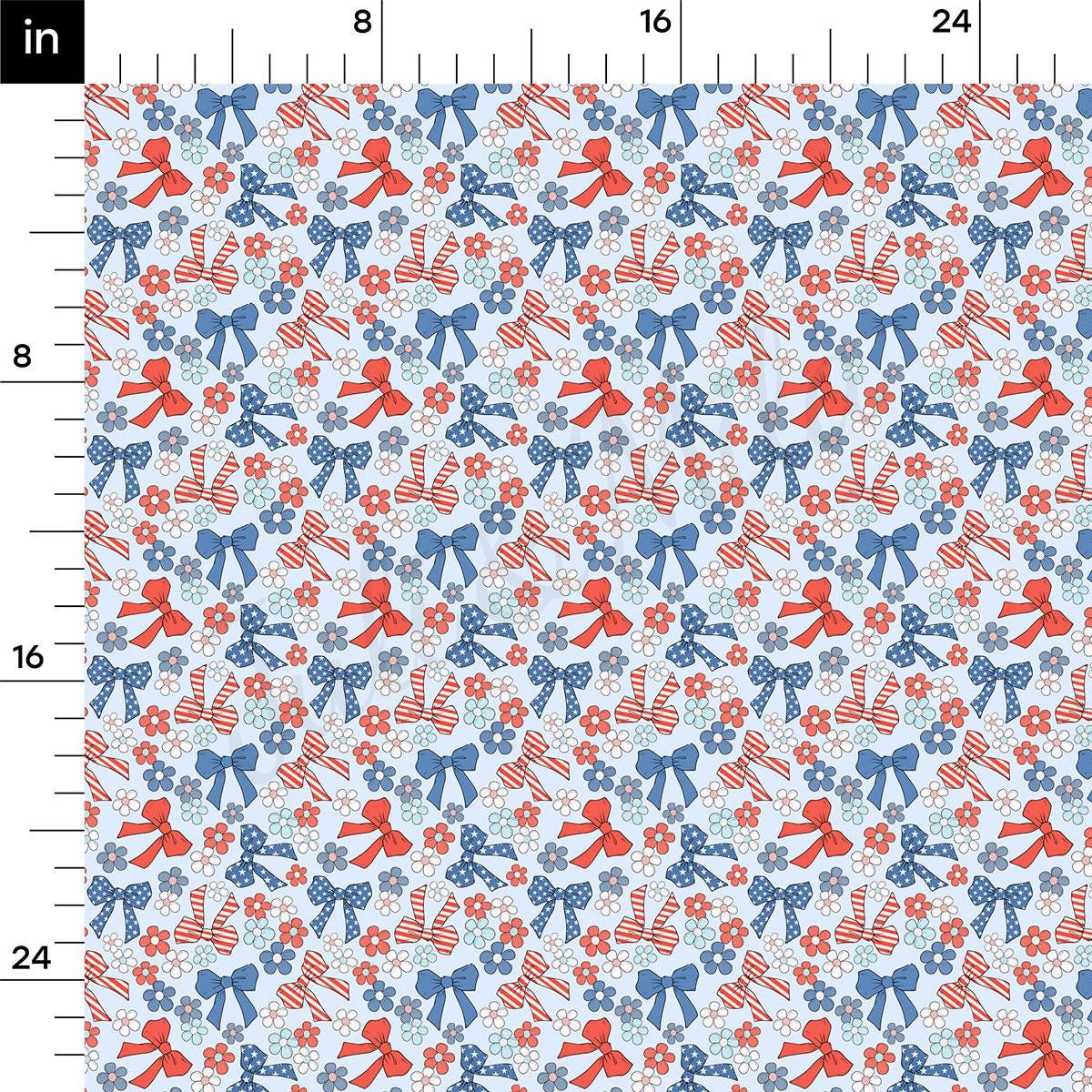 a blue and red background with bows and snowflakes