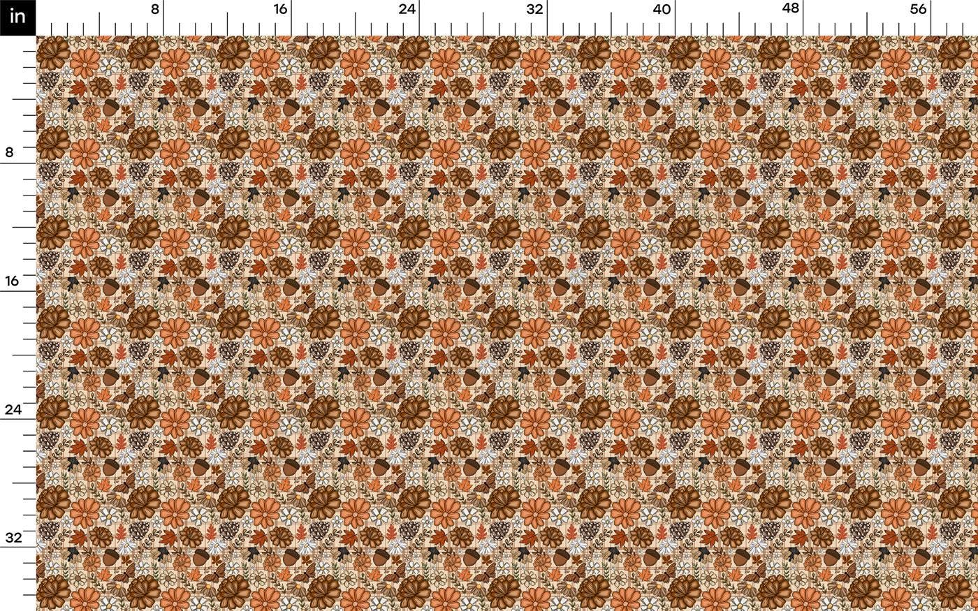 The image is a repeating pattern of various brown and orange flowers or leaves, creating a visually appealing and intricate design.