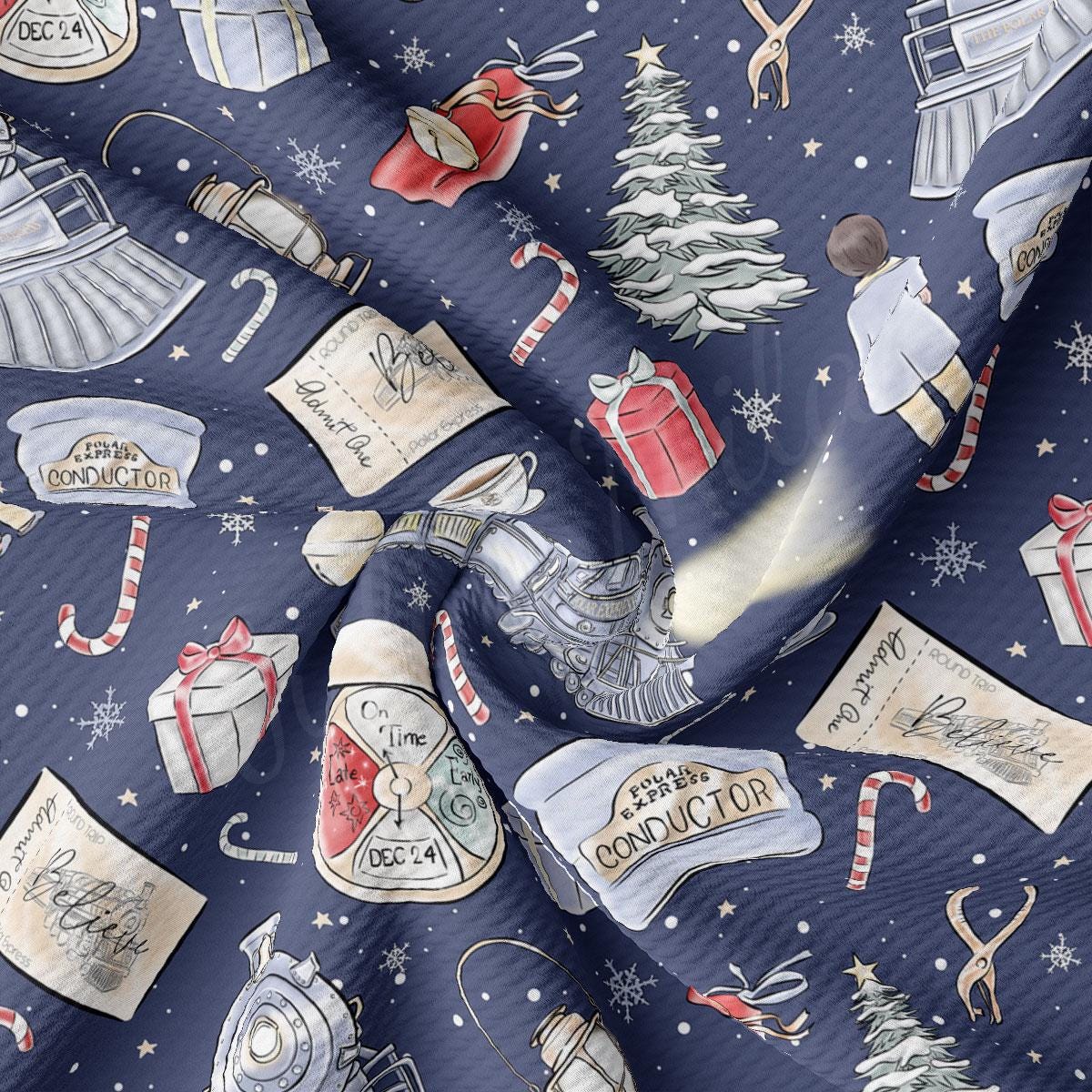 The image is a close-up of a fabric with a repeating pattern of Christmas-themed illustrations, including a Christmas tree, candy canes, gift boxes, and other festive elements.