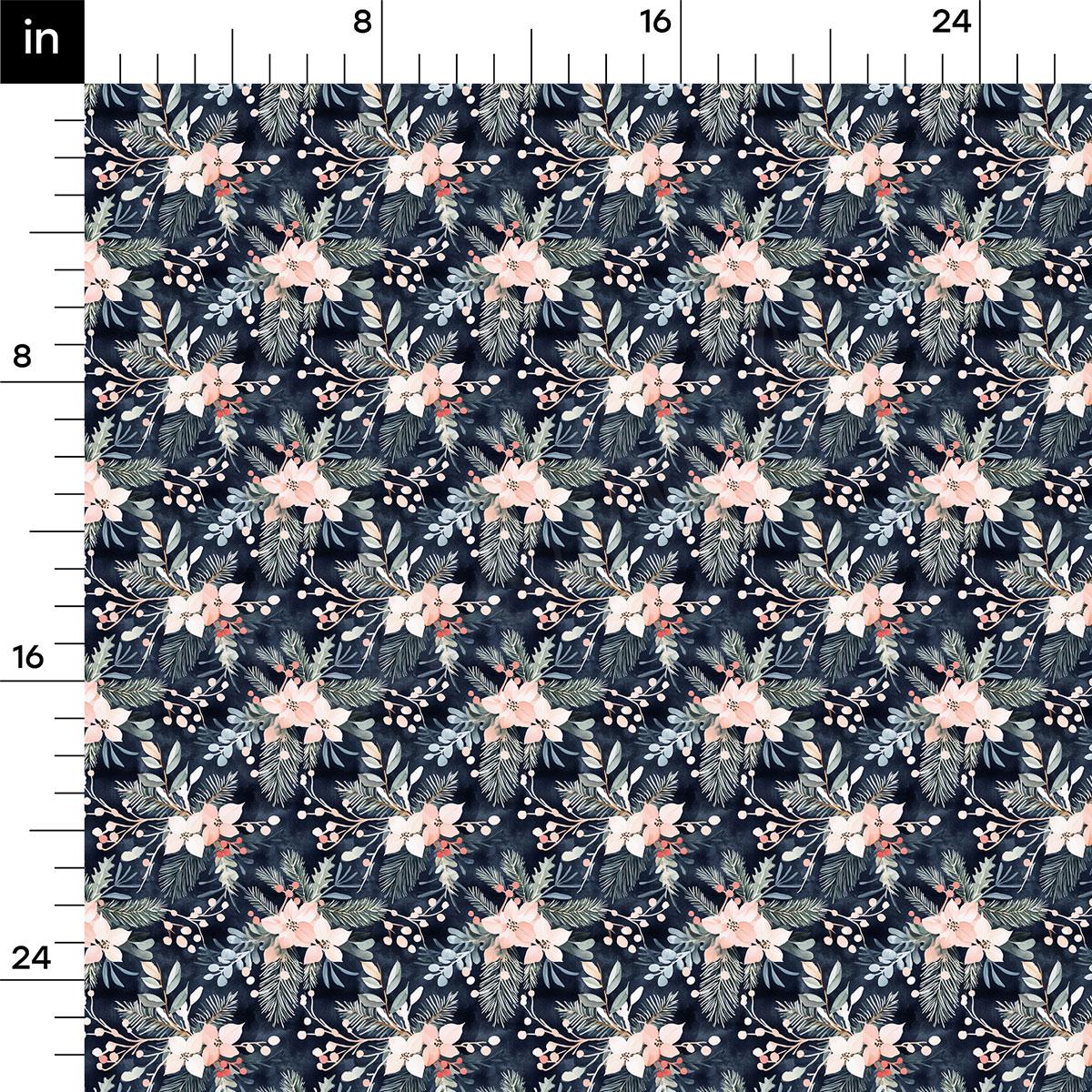 a repeating floral pattern with various shades of blue, green, and pink flowers and leaves. The pattern is composed of small, intricate details that create a visually appealing and harmonious design.