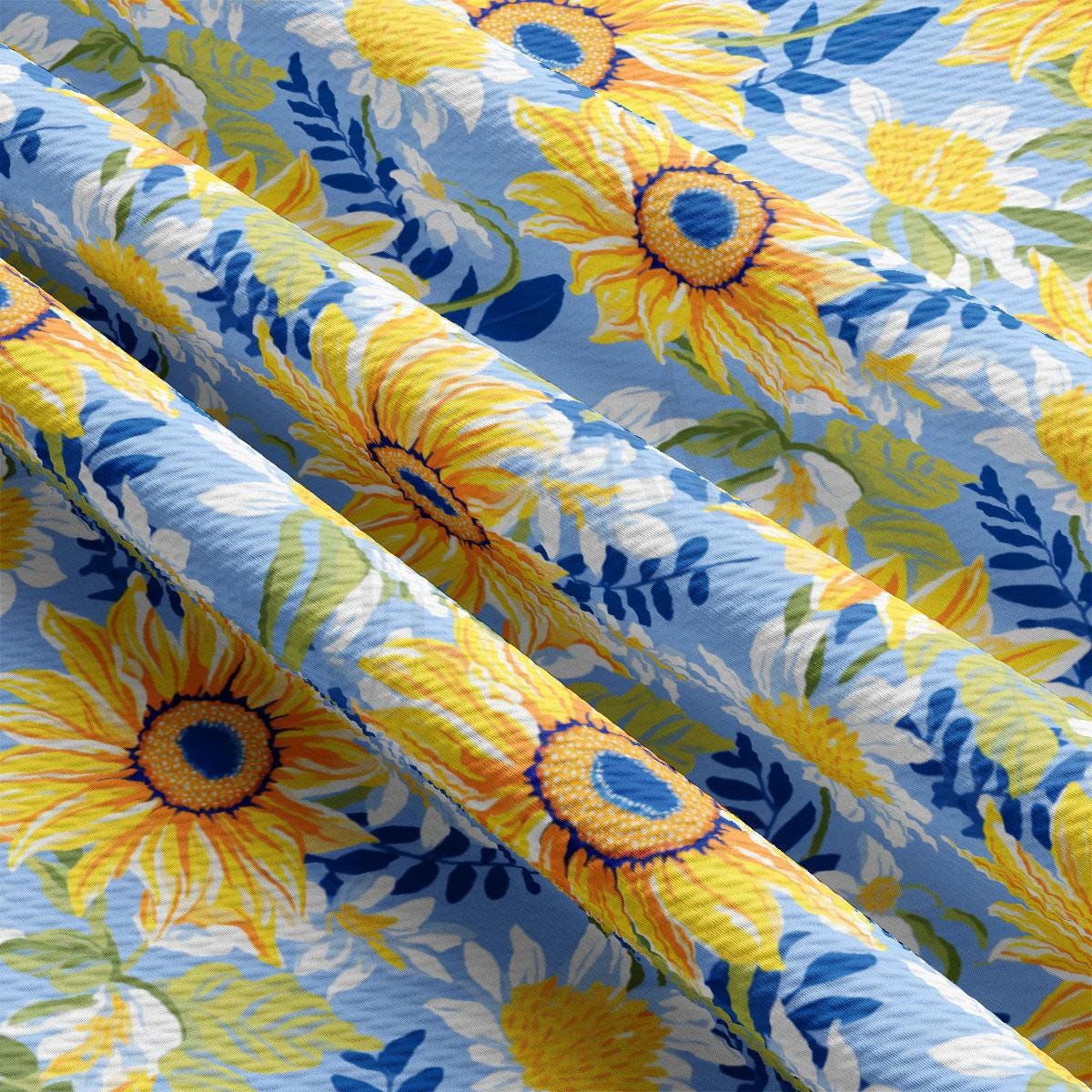 a sunflower print curtain with a blue background