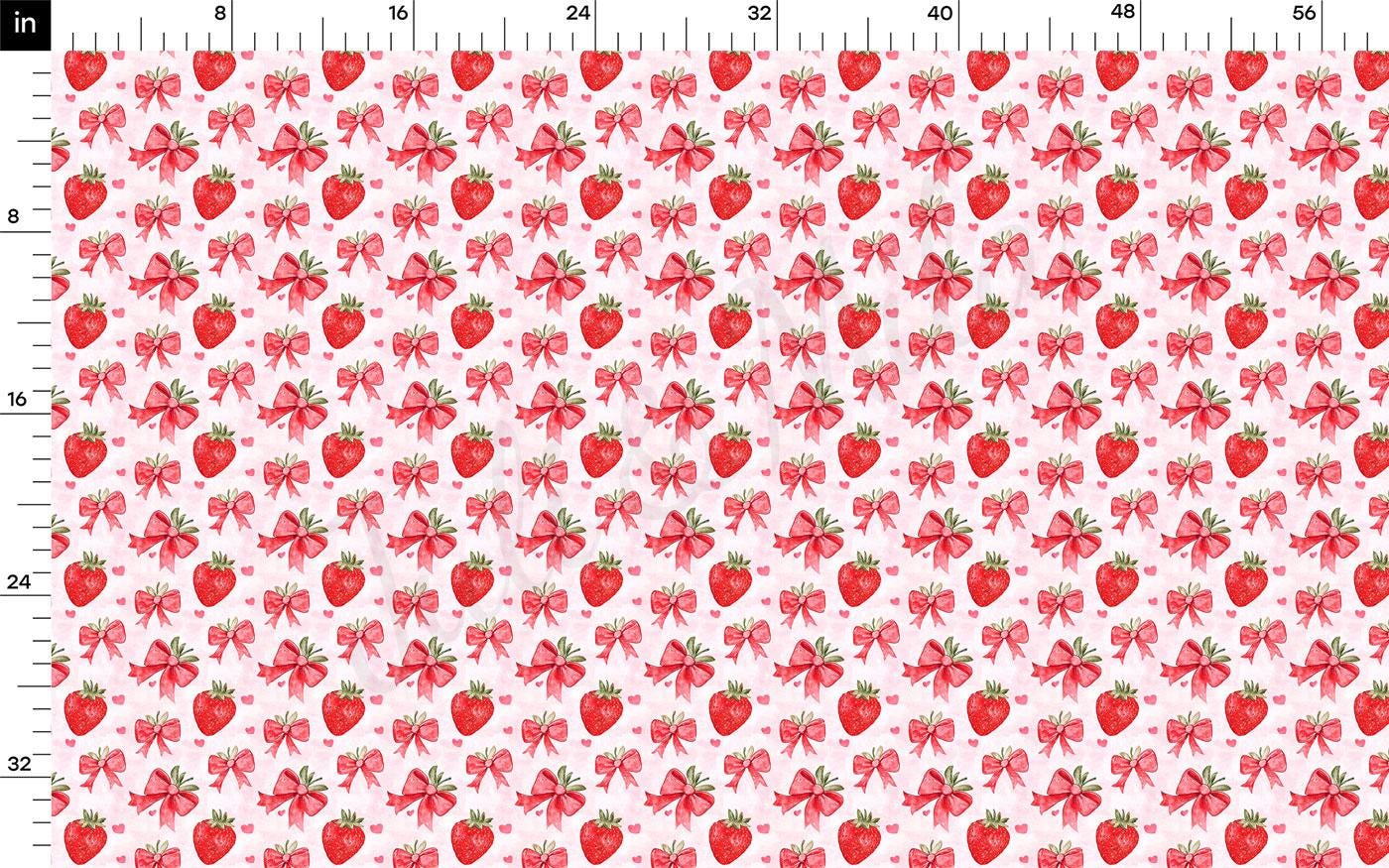 a repeating pattern of red strawberries and pink bows on a white background.