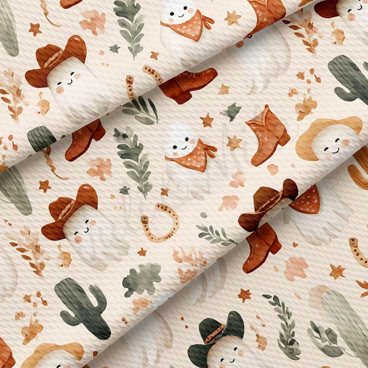 a repeating pattern of cartoon-style cowboys and cacti on a fabric surface.